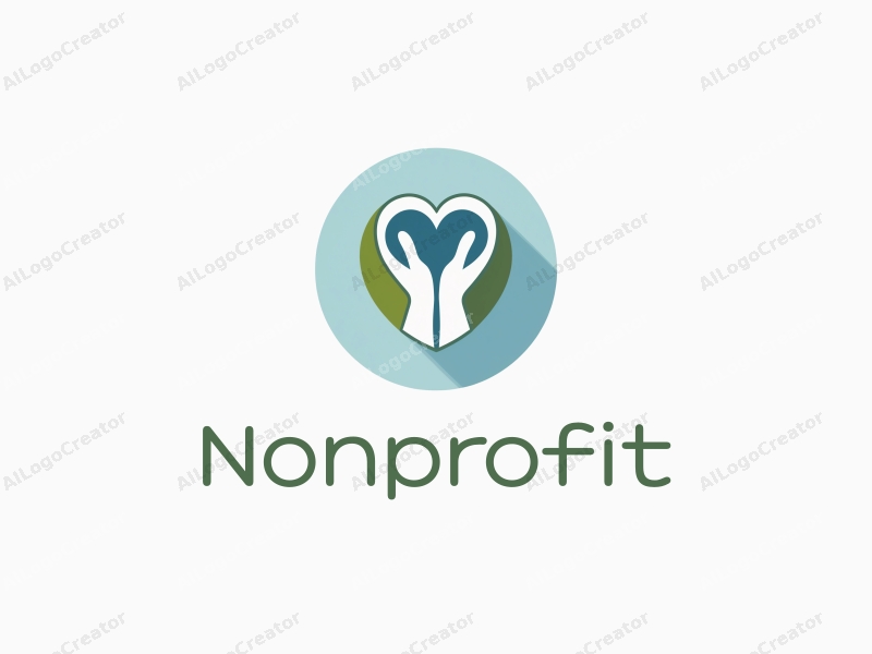 modern design features a stylized heart and hands symbolizing charity and volunteerism, combined with a clean background in blue and green tones.