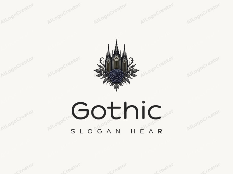 Gothic design features intricate spires, a black rose, and elements of Gothic architecture and fashion, combined with a clean background.