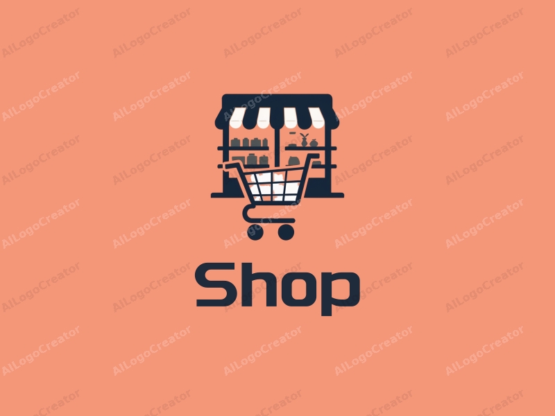 modern design features a stylized shop silhouette, a shopping cart, and shelves, combined with a clean background.