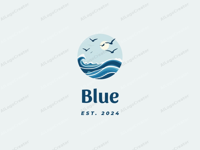 a modern design featuring stylized waves and seagulls in a clean blue and white color scheme, with a fresh and airy composition that evokes the essence of the ocean and sky.