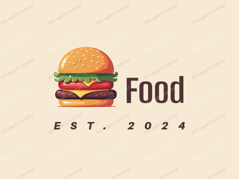 a modern design featuring a stylized burger and fries, with vibrant colors and a clean background, emphasizing the deliciousness of the food in a harmonious and simple composition.