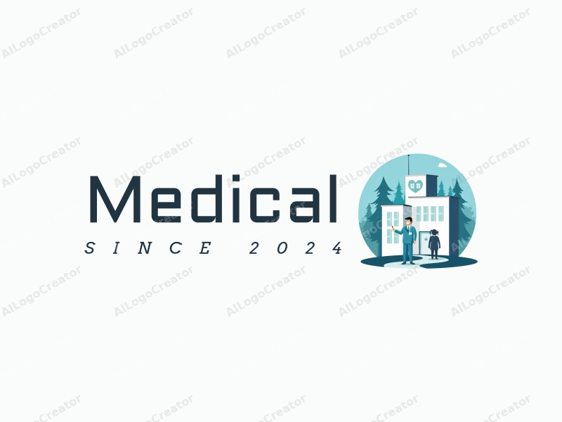 modern design features a stylized hospital silhouette, a doctor figure, and elements representing health and care, combined with a clean background.