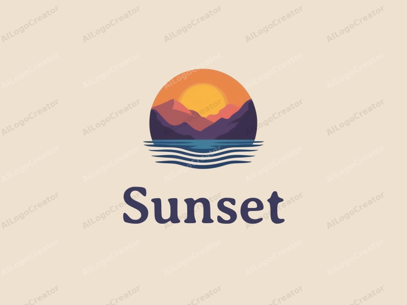 vintage design features a stylized sunset over mountains and ocean, with a harmonious blend of orange and purple colors, creating a clean and simple composition.