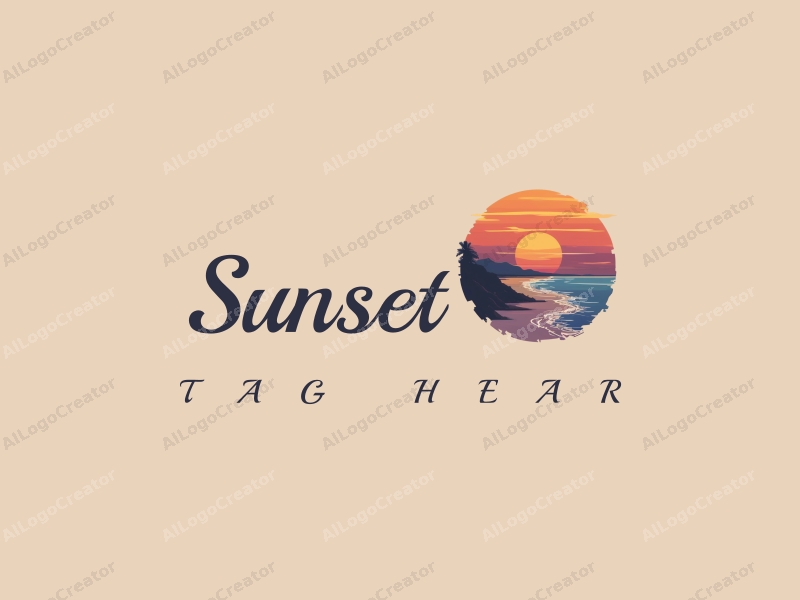 vintage design features a serene sunset over an orange beach, with a purple sky, capturing the essence of travel and photography in a harmonious and clean composition.