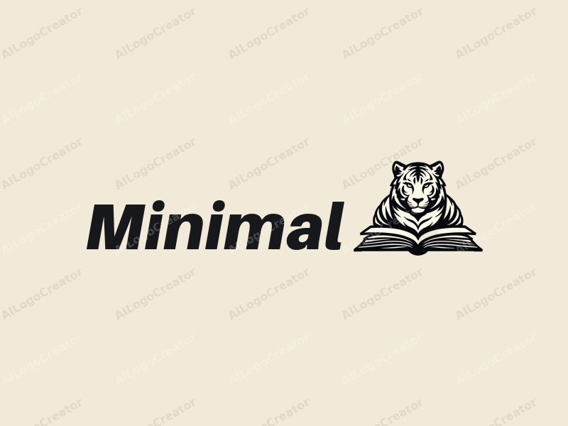 minimalist design features a stylized tiger intertwined with an open book, using a clean and simple approach combined with a monochromatic color scheme.