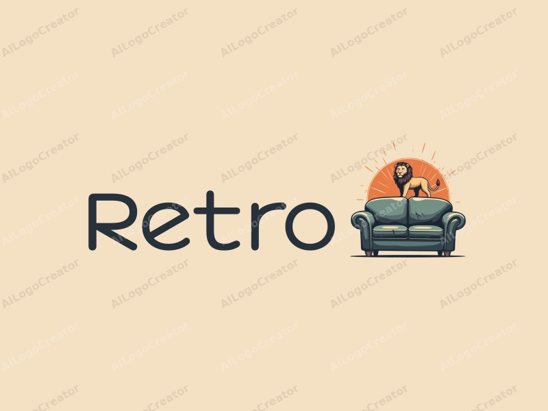 vintage design features a retro sofa and a retro poster, combined with a stylized lion and an energy icon, set against a clean background.