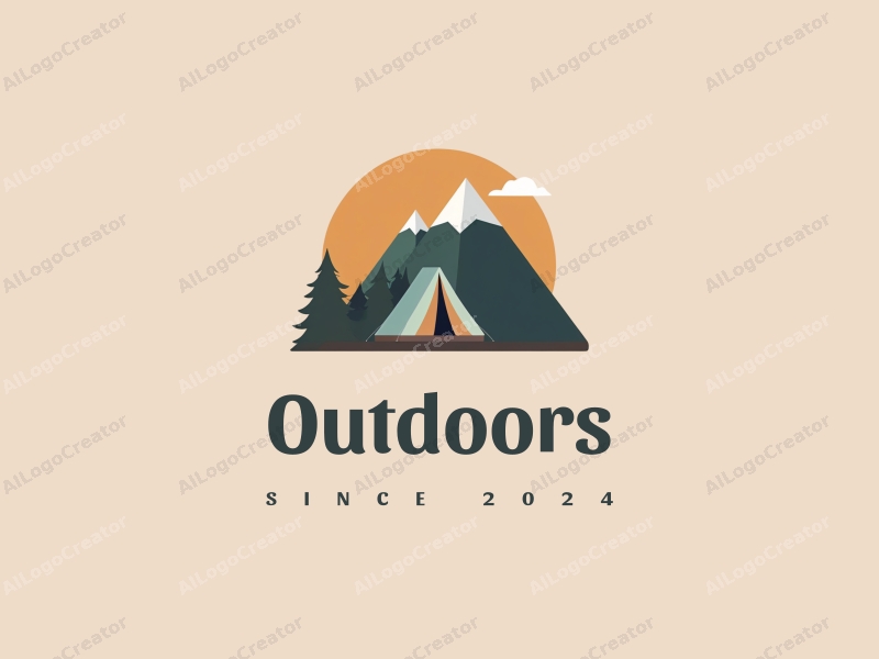 modern design features a stylized camping tent and mountain peak, combined with a clean background and a harmonious composition.