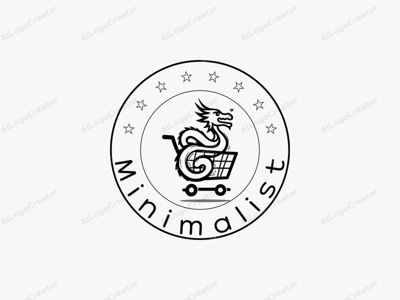 minimalist design features a stylized dragon intertwined with a shopping cart, using clean lines and a black and white color scheme, combined with a tag style approach against a simple background.