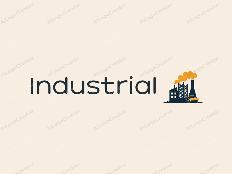 modern design features a stylized factory silhouette, a crane and conveyor belt integrated into the composition, using a minimalist approach combined with a clean background.