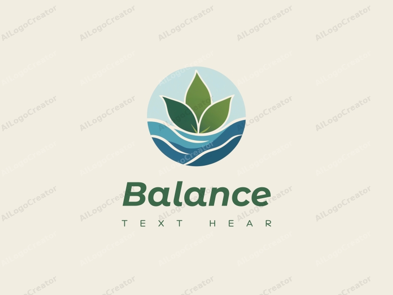 a modern design featuring elements of balance and harmony, incorporating stylized leaves and water waves, with a clean background in blue and green tones.