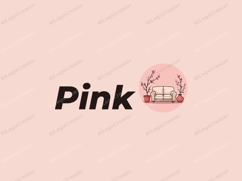 minimalist design features soft furnishings and furniture intertwined with flowing lines and cherry blossoms, combined with a clean pink background.