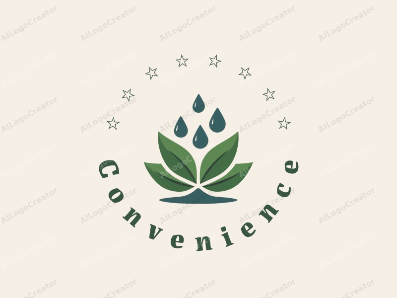 a modern design featuring elements of convenience and practicality, incorporating stylized leaves and water droplets, combined with a clean background.