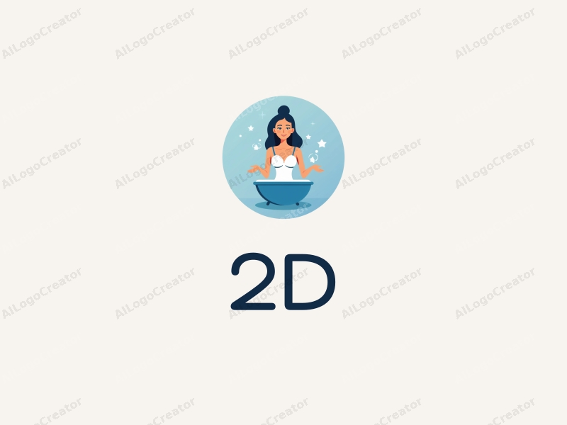 a modern minimalist design featuring a stylized girl in a spa setting, incorporating blue and white colors with flat 2D elements, set against a clean background.