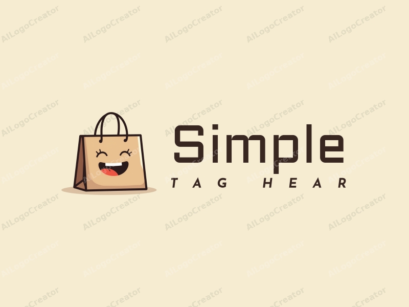 minimalist design features a stylized shopping bag with a smile, combined with clean lines and a simple background.