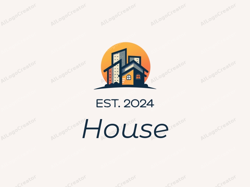 modern design features a stylized house and skyscraper with clean lines, large windows, and a harmonious composition combined with a simple background.