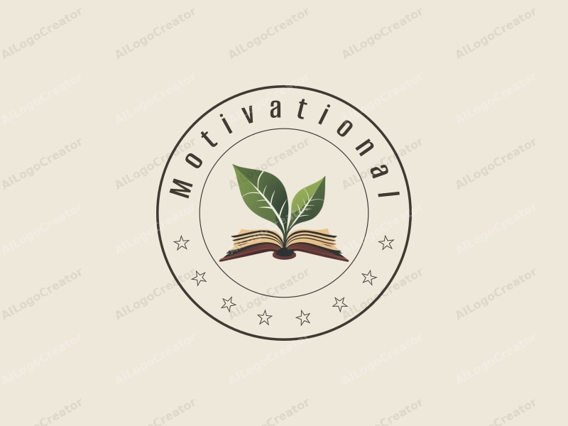 a modern design featuring stylized books and leaves, symbolizing growth and knowledge, combined with a motivational theme, set against a clean background.