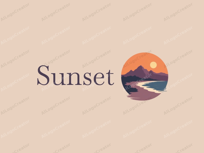 vintage design features a stylized sunset over a beach with mountains in the background, using a harmonious blend of orange and purple colors, combined with a clean and simple composition.