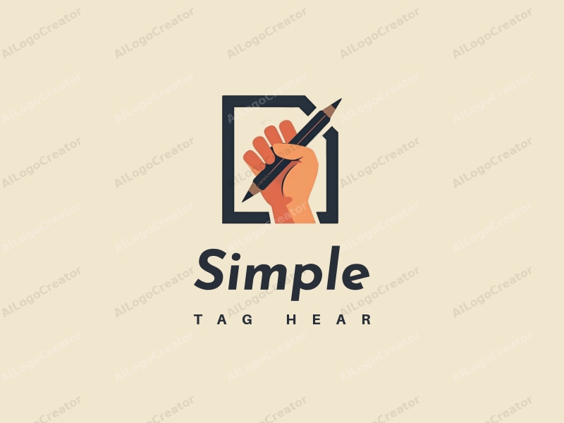 minimalist design features a stylized hand holding a pencil, combined with a clean background and simple geometric shapes to represent design, home, and fashion.