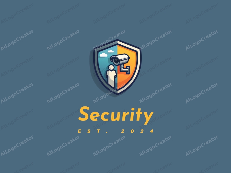 modern design features a stylized shield, a sleek surveillance camera, and an observer figure, combined with a clean background and a focus on security themes.