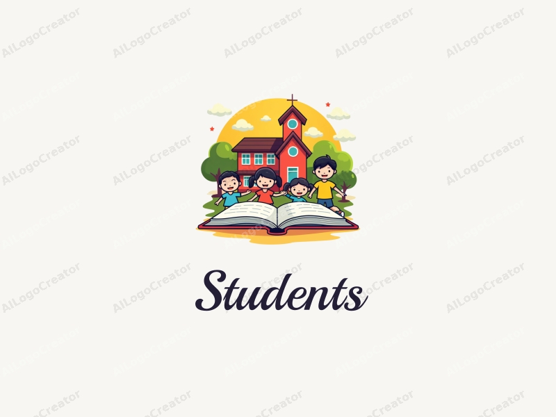 playful design features cheerful students, a stylized school building, open books, and a classroom setting combined with a vibrant and colorful background.