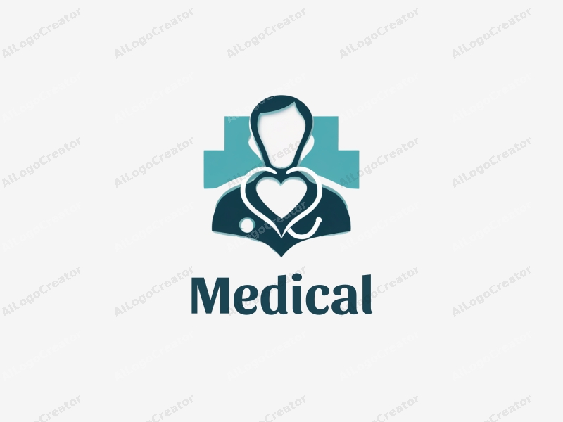 modern design features a stylized hospital silhouette, a doctor figure, a stethoscope intertwined with a heart, combined with a clean background.