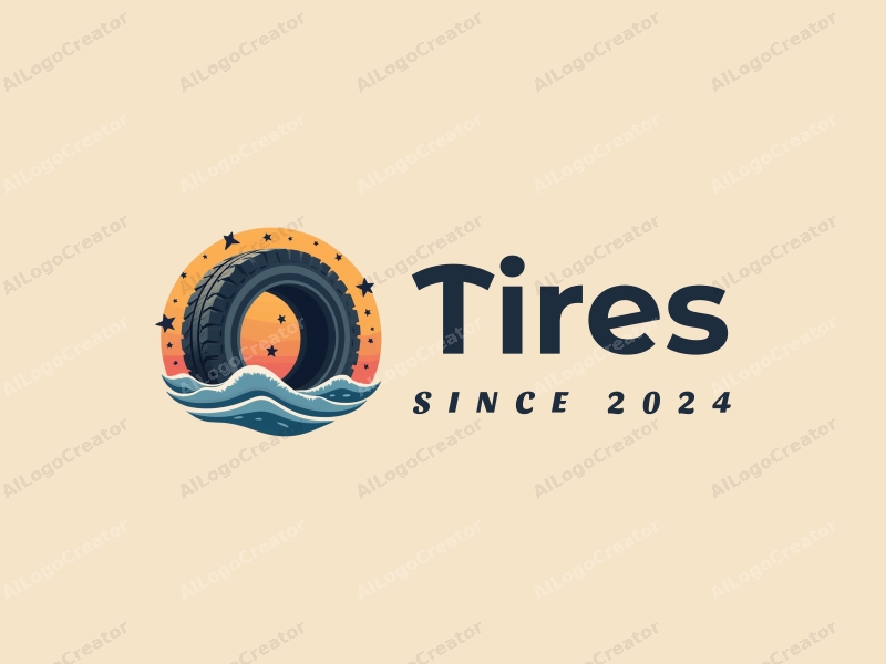 modern design features a stylized tire and car tire intertwined with stars and ocean waves, combined with a clean background.