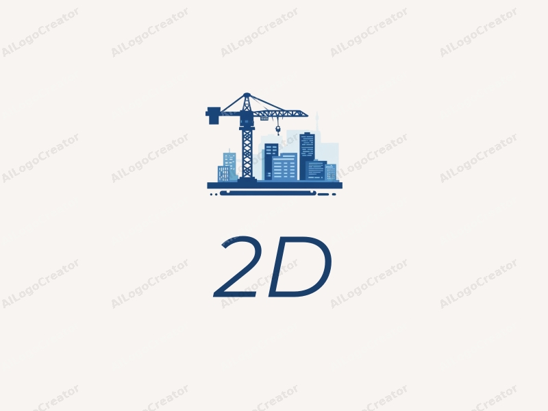 a modern design featuring a stylized crane and architectural elements, utilizing a blue color palette, combined with a clean and simple 2D flat design approach.