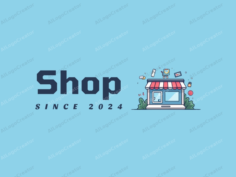 modern design features a stylized shop silhouette, electronic product icons, and a transaction platform concept combined with a clean blue background.