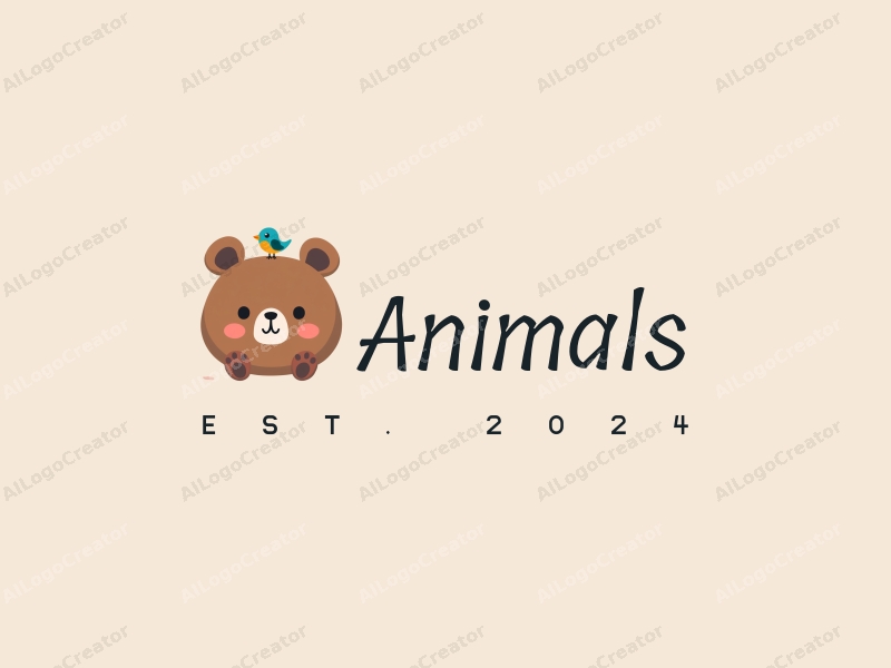 playful design features a cute bear and a colorful bird, combined with a whimsical approach and a clean background.