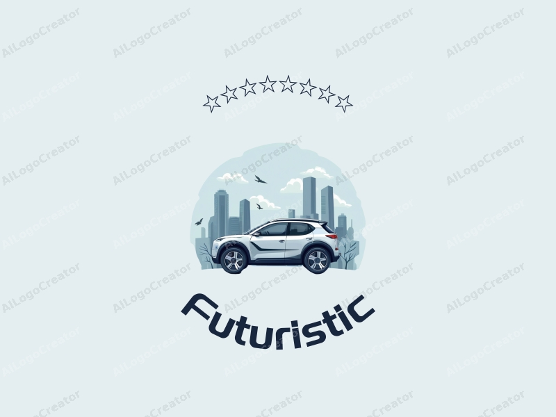 a modern design featuring futuristic elements like smart vehicles, innovation symbols, and a clean background with silver and blue tones, emphasizing simplicity and creativity.