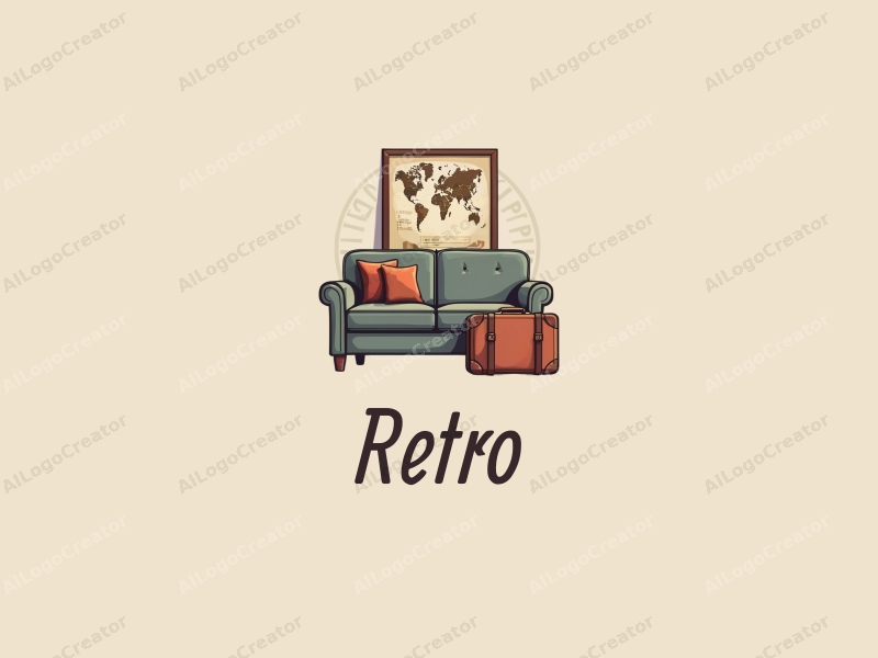 vintage design features a retro sofa and a retro poster, combined with a travel suitcase and a vintage map, set against a clean background.