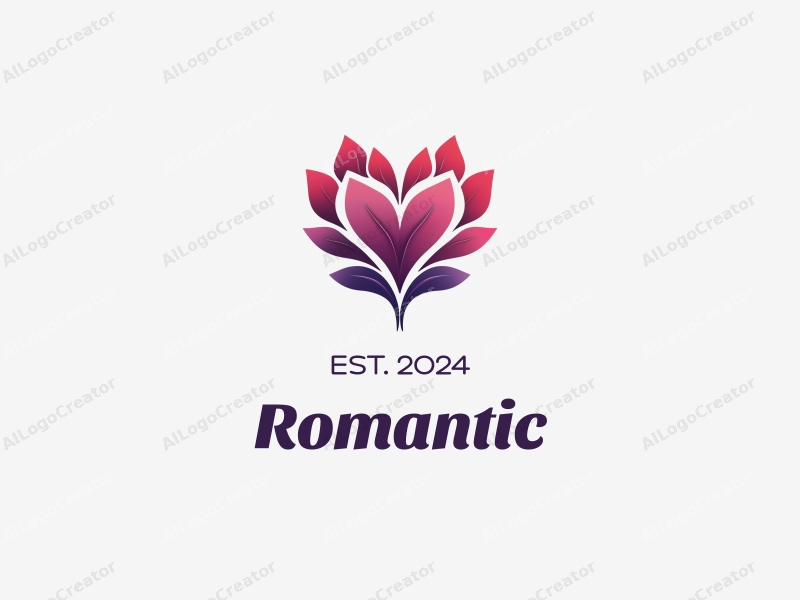 playful design features a heart shape intertwined with flower petals, using a pink and purple color palette, combined with a clean background.