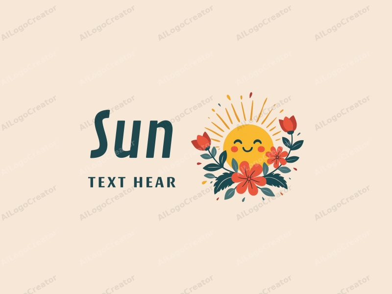 playful design features a bright sun radiating light, surrounded by whimsical flowers and leaves, combined with a clean background.