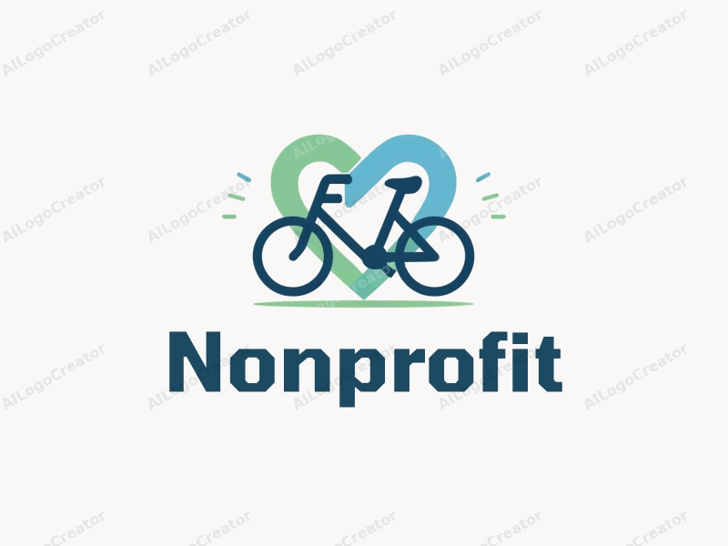 modern design features a stylized bicycle intertwined with a heart shape, representing charity and volunteerism, combined with a clean background in blue and green tones.