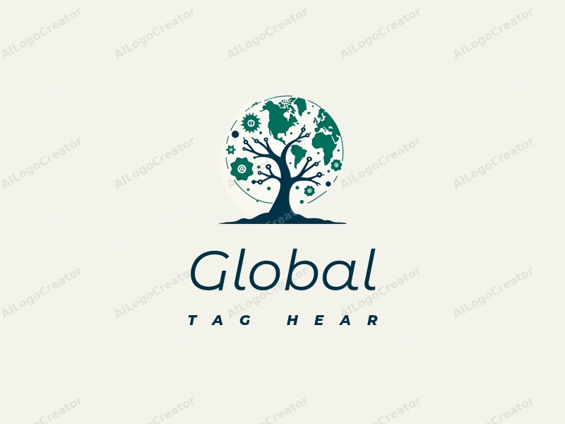 a modern minimalist design featuring a stylized Earth, interconnected network lines, a technology tree with data flow elements, combined with a clean background.