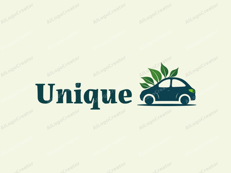 a modern design featuring a stylized electric vehicle silhouette intertwined with eco-friendly leaves, utilizing a clean and innovative approach with a harmonious blue and green color palette.