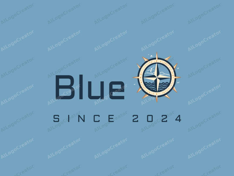 minimalist design features a stylized compass integrated with ocean waves and sky elements, combined with navigation paths, set against a clean blue background.