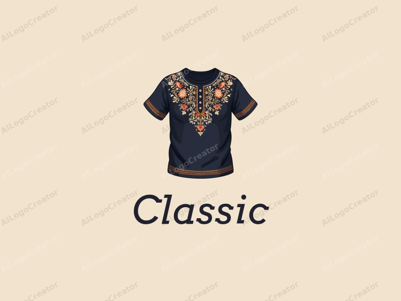 vintage design features classic and traditional motifs, a stylized T-shirt with intricate embroidery, combined with dark and neutral tones against a clean background.