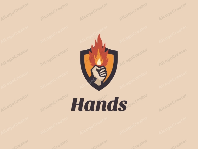 a modern design featuring a hand gripping a shield with a flame, using skin tone colors, combined with a clean background.