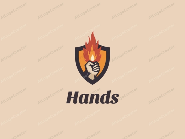 ein modernes Design mit einer Hand, die einen Schild mit einer Flamme greift, unter Verwendung von Hauttonfarben, kombiniert mit einem sauberen Hintergrund.