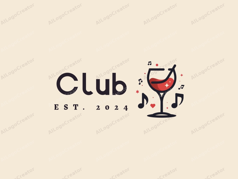 a modern design featuring a stylized club scene with a wine glass and musical notes, combined with a clean background and a harmonious composition.