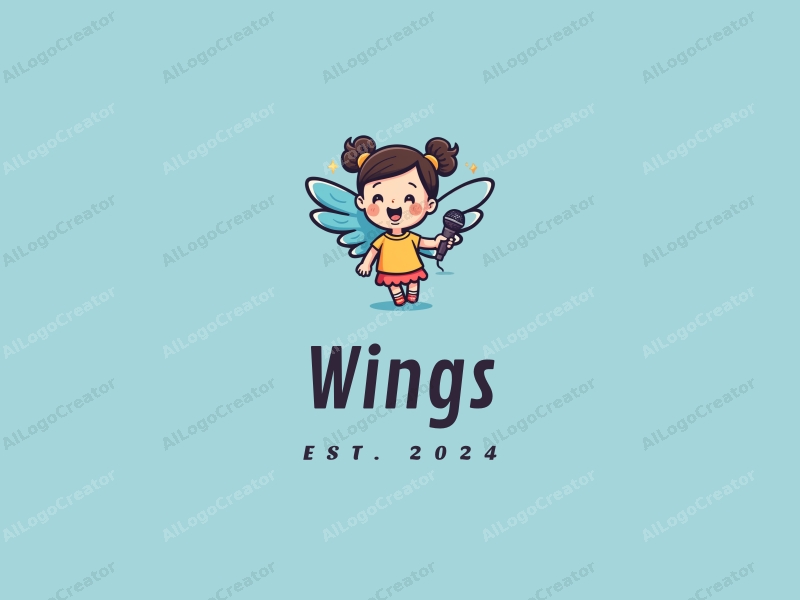 playful design features whimsical wings and a flying theme, incorporating a joyful little girl holding a microphone, combined with a clean blue background.