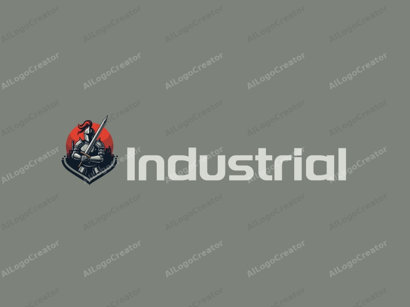 a modern design featuring a stylized factory and machinery integrated with a knight holding a sword, using a clean and minimalistic approach combined with a harmonious background.