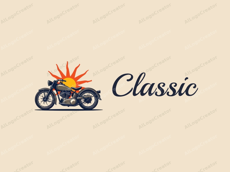 vintage design features a classic sun symbol and stylized wheels, combined with a traditional aesthetic and a clean background.