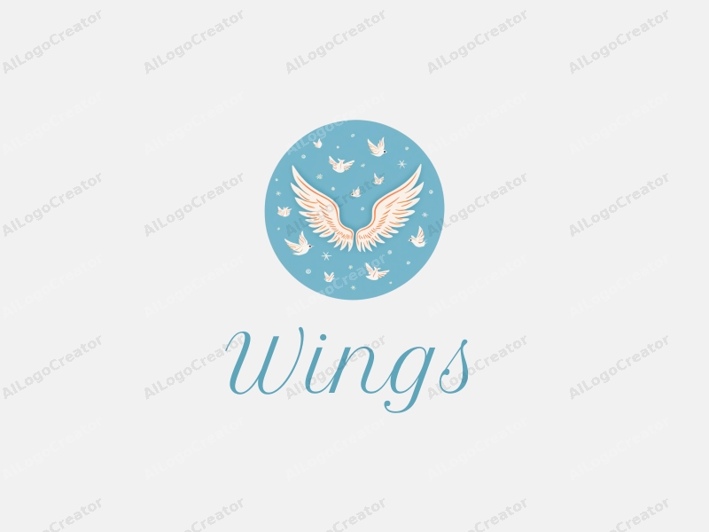 playful design features stylized wings and flying birds, combined with angelic motifs, set against a clean blue background.