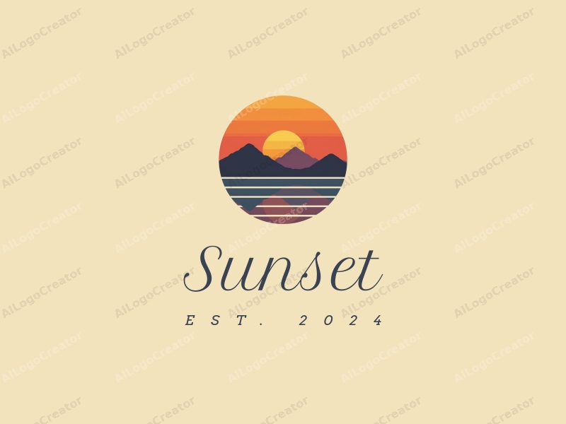 vintage design features a stylized sunset over the ocean with mountains in the background, incorporating warm orange and purple hues, combined with a clean and harmonious layout.