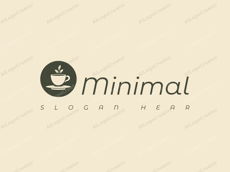 minimalist design features a stylized teacup and tea leaves, combined with a clean background and a tag style approach.