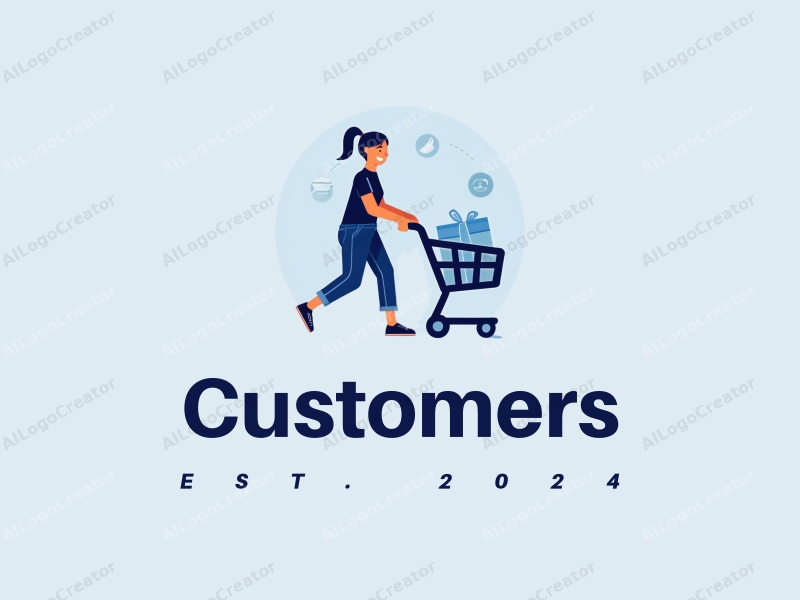 a modern design featuring a smiling shopper pushing a shopping cart, with a clean and simple layout, incorporating blue tones and a harmonious composition.