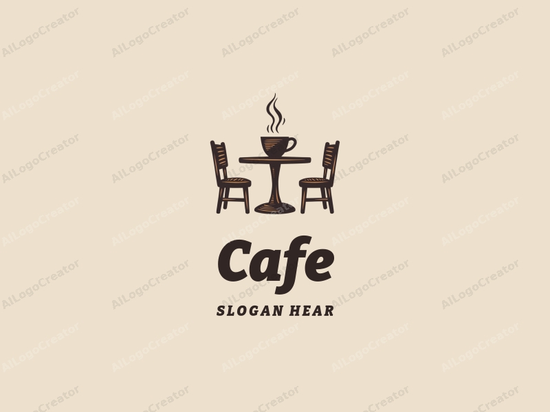 vintage design features a stylized coffee cup on a wooden table, surrounded by simple tables and chairs, combined with a clean background.