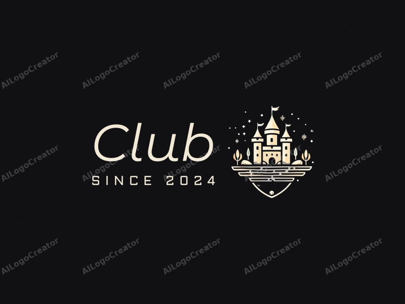 a modern design featuring a stylized castle and resort, combined with elements representing social interaction and a club atmosphere, all set against a clean black background.